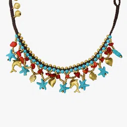 Yellow Chimes Gold-Toned Blue & Red Beaded Starfish Anklet image 3