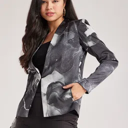 FableStreet Abstract Printed Satin Shawl Collar Open Front Jacket image 5