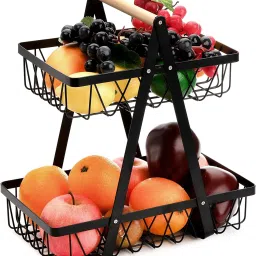 2 Tier Metal Storage Basket with Handles for Home, Kitchen Cournertop, Fruit Steel Fruit & Vegetable Basket-8