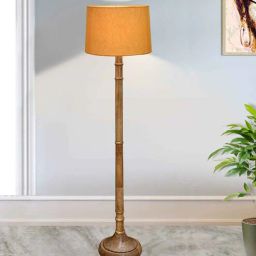 homesake Rustic Wood Floor Lamp in Walnut Brown with Multicolor Fabric Shade, Dome Base, Yellow Shade-picture-14