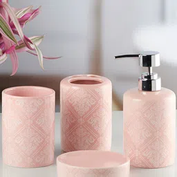 Kookee Pink & White 4 pieces Abstract Ceramic Bath Accessories Set image 3
