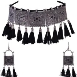 trendy black silver Oxidized Dori choker necklace with earing set for girls and women Silver Plated Brass Choker Silver Plated Brass, Silver, Dori Chain Set-image-9