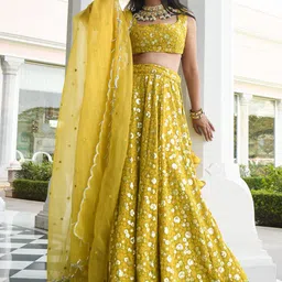 FABPIXEL Embroidered Sequinned Semi-Stitched Lehenga & Unstitched Blouse With Dupatta image 5