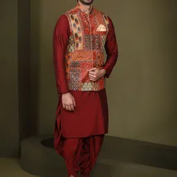 KISAH Men Abstract Printed Regular Fit Kurta Jacket Dhoti Set image 4