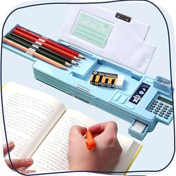 SWOPPERRY Double Layer Multifunctional Large-Capacity Plastic Compass Box (Sky Travel Astronaut) with Built-in Calculator - Stationery Organizer for Kids & Students, Blue image 5