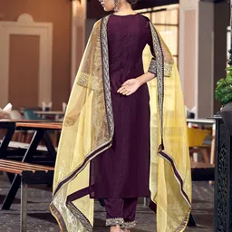 KALINI V Neck Embroidered Thread Work Kurti with Trousers & With Dupatta image 4