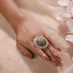 Anouk Gold-Plated Kundan Studded & Pearl Beaded Meenakari Adjustable Finger Ring image 5