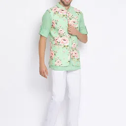 Hangup Men Mandarin Collar Rolled Up Sleeves Kurta With Pyjama And Printed Nehru Jacket image 4