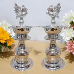 7X3 Inch Peacock Diya Made by Pure German Silver For Puja K4132 Silver Plated (Pack of 2) Table Diya Set-picture-10