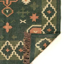 Peepul Tree Green & Peach Coloured Geometric Handmade Woollen Carpet image 2