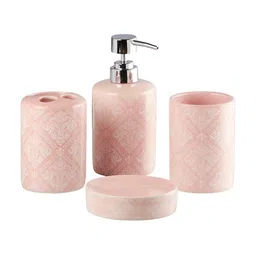 Kookee Pink & White 4 pieces Abstract Ceramic Bath Accessories Set image 4