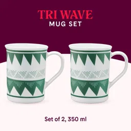 Larah by BOROSIL 2 Pcs White & Green Geometric Printed Opalware Matte Mugs - 350 ML Each image 4