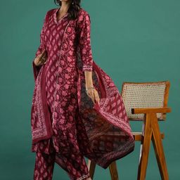 Sangria Printed Pure Cotton Straight Kurta With Trouser & Dupatta Set image 1