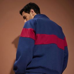 MASCLN SASSAFRAS Navy Blue & Red Colourblocked Mock Collar Front-Open Sweatshirt image 3