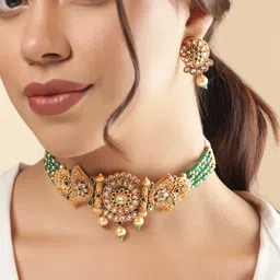 Rubans Gold-Plated Emeral & Kundan Stone-Studded & Pearl Beaded Choker Jewellery Set-27