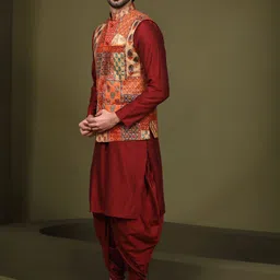 KISAH Men Abstract Printed Regular Fit Kurta Jacket Dhoti Set image 5