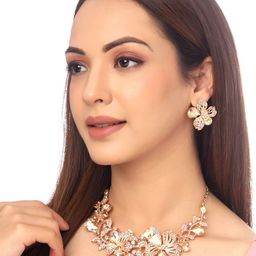Yellow Chimes Rose Gold Plated Floral Designed Crystal Necklace Set-3