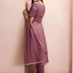 Inddus Mauve Woven Design Sequinned A-Line Kurta & Trousers With Dupatta image 5