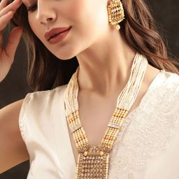 Rubans Gold-Plated Stone-Studded & Pearl Beaded Necklace & Earrings-13