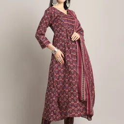 Rajnandini Floral Printed Regular Mirror Work A-Line Kurta With Trouser With Dupatta image 5