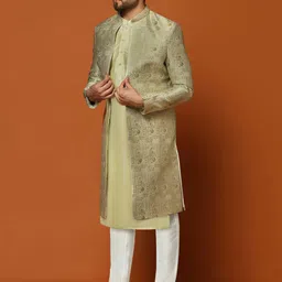 KISAH Self Design Mandarin Collar Cotton Sherwani With Trouser Set image 5