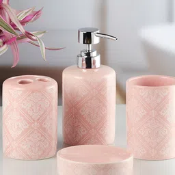 Kookee Pink & White 4 pieces Abstract Ceramic Bath Accessories Set image 5