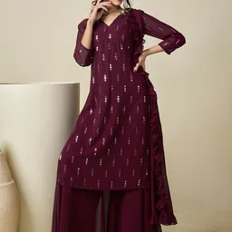Inddus Ethnic Motifs Embroidered Regular Sequinned Kurta With Palazzos & With Dupatta image 2