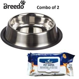 Dog Bowl (Combo of 2) Bowl + Wipes Anti Skid Scratch Proof Bowl Round (750 ml) Steel Pet Bowl-16