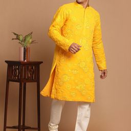 SHRESTHA BY VASTRAMAY Men Yellow Ethnic Motifs Embroidered Mirror Work Kurta with Churidar-picture-39