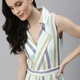 SHOWOFF White & Grey Shawl Neck Striped Basic Jumpsuit-picture-41