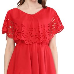 Casual Flared Sleeves Laser Cut Women Red Top-image-1