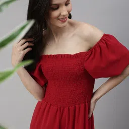 SHOWOFF Red Off-Shoulder Culotte Jumpsuit-image-60