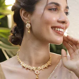 Rubans Luxury 22KT Gold Plated Brass Red and Green Stone Studded Floral Jewellery Set image 5