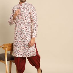 KISAH Men White Floral Printed Kurta with Dhoti Pants-32