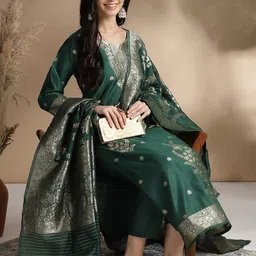RAJGRANTH Ethnic Motif Woven Design Chanderi Cotton Straight Kurta With Trousers & Dupatta-picture-57