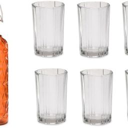 Bottle & 6 Glass Serving Lemon Set, Orange, Clear, Glass - A614 Jug Bottle Glass Set-image-89