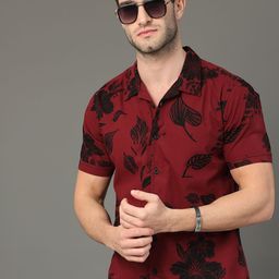 HERE&NOW Slim Fit Floral Printed Cuban Collar Cotton Casual Shirt-image-1