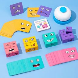 umadiya Umadiya® Face Changing Cube Building Blocks Puzzle, Wooden Expression Toy, Educational Matching Family Board Game for Kids (16 Wooden Puzzles and 72 Cards) With Bell image 4