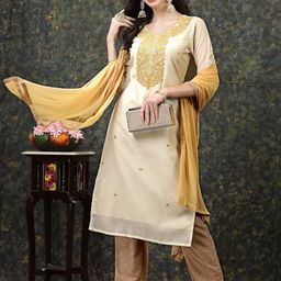 HERE&NOW Beige Ethnic Motifs Embroidered Straight Kurta & Trousers With Dupatta-image-26