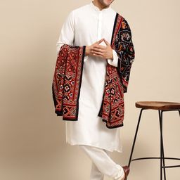 KISAH Men White Kurta with Churidar & Shawl-55
