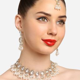 Zaveri Pearls Gold-Plated Austrian Diamonds Studded & Beaded Jewellery Set-40