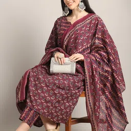 Rajnandini Floral Printed Regular Mirror Work A-Line Kurta With Trouser With Dupatta image 2