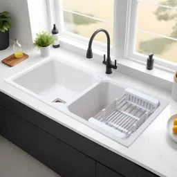 Quartz Double Bowl 37x18x9 inches Kitchen Sink| Crystal White Matte Finish Natural Crystal White Granite Stone Matt Finish Double Bowl Sink Vessel Sink-image-62