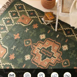 Peepul Tree Green & Peach Coloured Geometric Handmade Woollen Carpet image 5