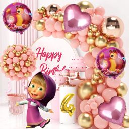 Masha and Bear 4th Birthday Decoration Kit for Girls Pink & Gold Balloon Garland-image-10