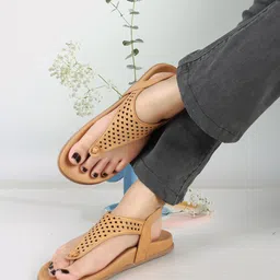 Elle Textured T-Strap Flats With Backstrap & Laser Cuts image 3