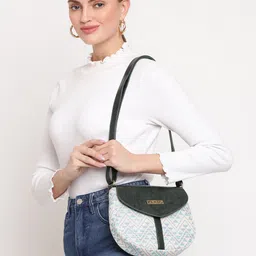 KLEIO Olive Green Geometric Printed PU Structured Jacquard Sling Bag with Quilted image 5