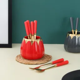 Luxury Red Fruit Fork and Spoon Set Ceramic, Stainless Steel Cutlery Set-image-13