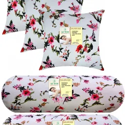 Combo Set Of 3 Cushion And 2 Microfibre Floral Bolster Pack of 5-image-67