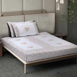 klotthe White Floral Embroidered 400 TC Cotton Single Bedsheet with 2 Pillow Covers-picture-1